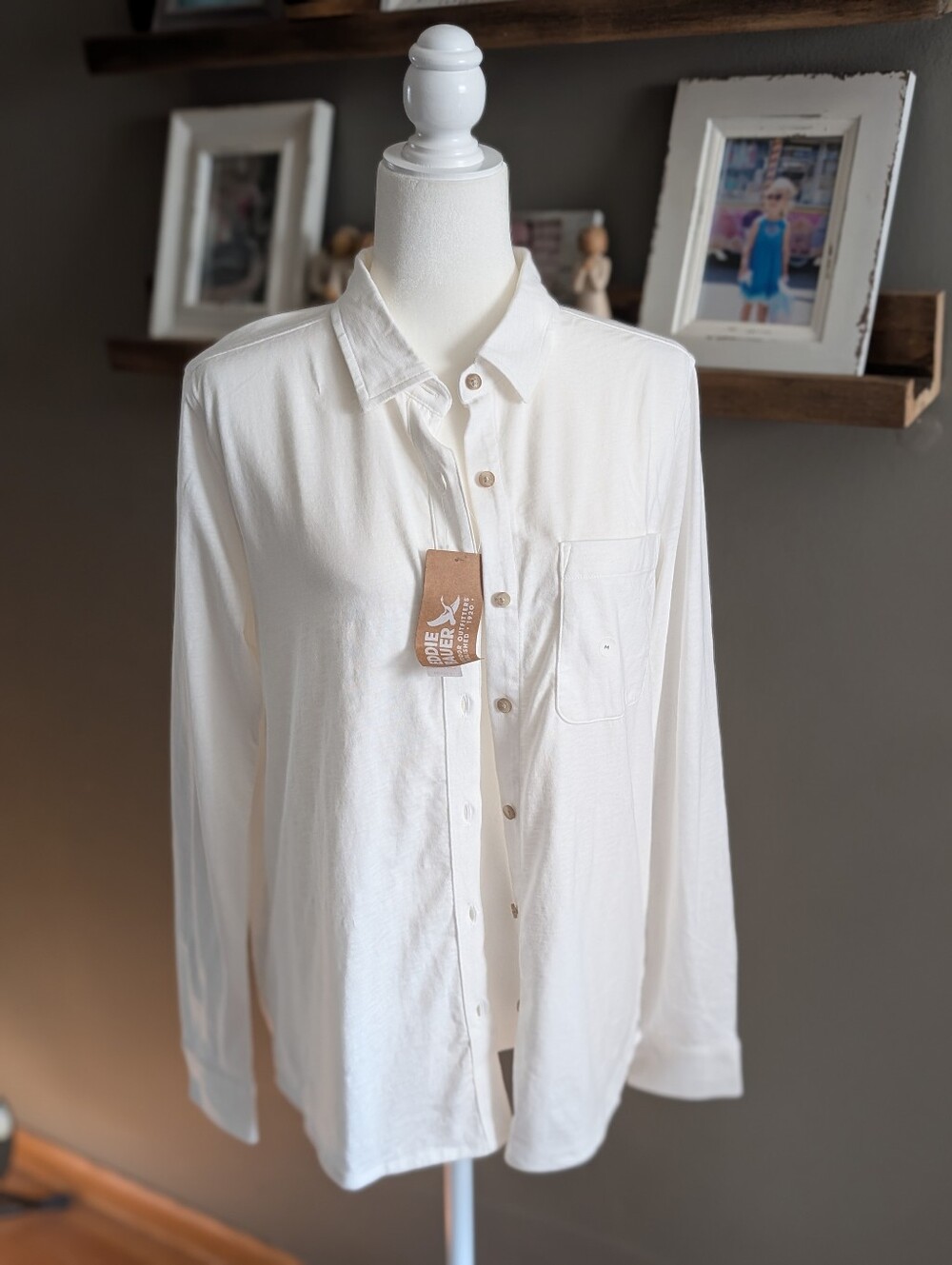 EDDIE BAUER NWT White Slub Knit Long Sleeve Button Down Shirt Women Size M